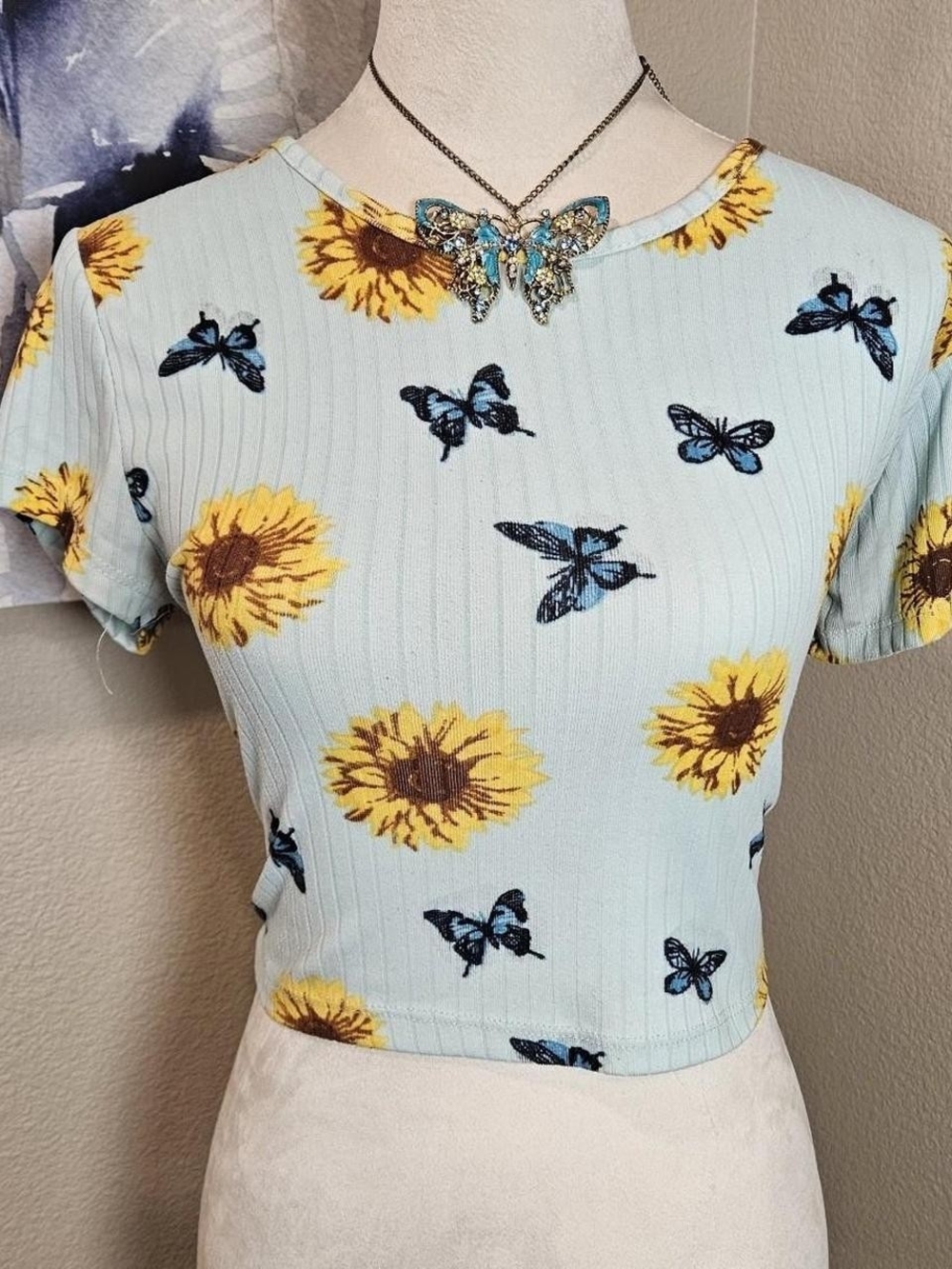 Rue21 Light Mint Blue Sunflower & Butterfly Ribbed Crop Top Open Cross Back L